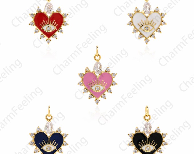 18K Gold Filled Eye Pendant, Micropavé CZ Red Enamel Heart-Shaped Eye Necklace, DIY Jewelry Accessories, 26x18x2mm