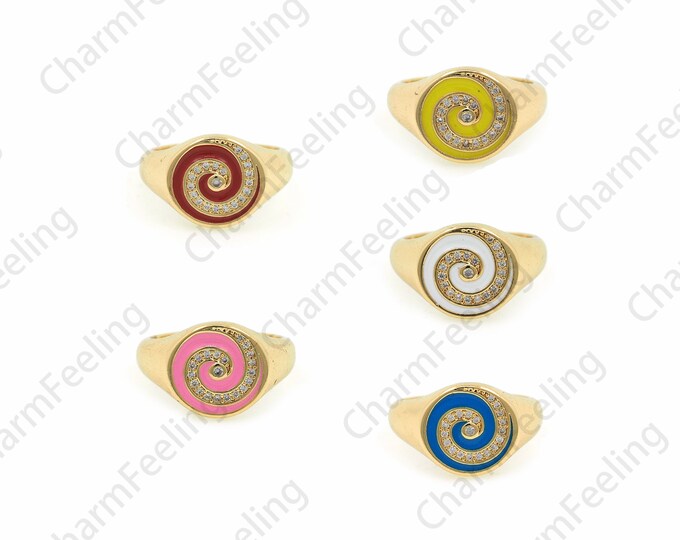 18K Gold Filled Swirl Ring, Spiral Ring, Enamel Ring, Micropavé CZ Signet Ring, Adjustable Ring, Gold Open Ring, Enamel Charm