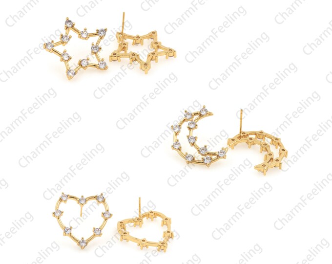 Star earrings, moon earrings,Ear jewelry, heart earrings. Charm earrings, CZ earrings, ear pins, ear hooks, earrings  1 pair