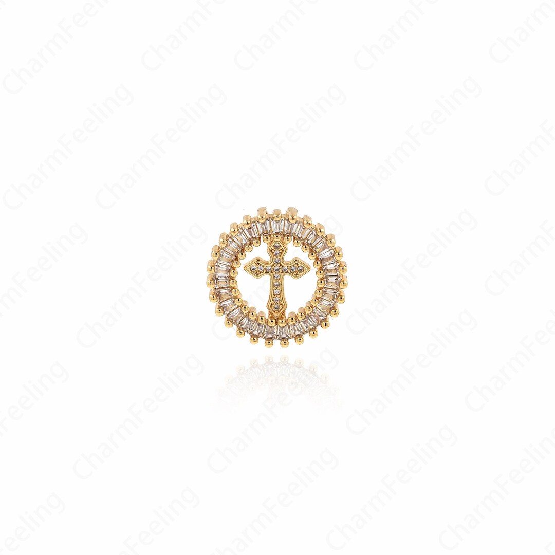 18K Gold Filled Cross Charm, Round Cross Pendant, Micropave Cross ...