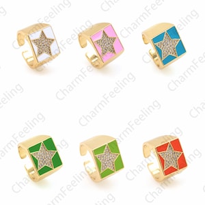 Chevalière en émail rempli d’or 18K, anneau d’étoile Micropavé CZ, anneau de bonne chance, pendentif étoile, anneau ouvert en or, anneau réglable, anneau Polaris,