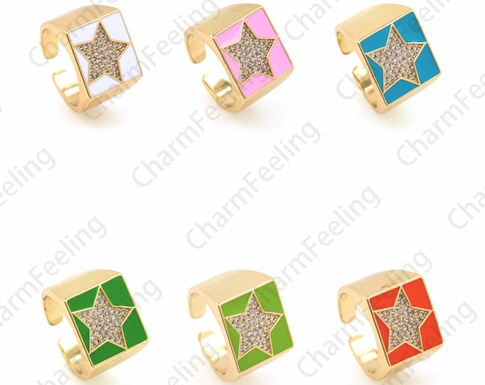 18K Gold Filled Enamel Signet Ring, Micropavé CZ Star Ring, Good Luck Ring, Star Pendant, Gold Open Ring, Adjustable Ring, Polaris Ring,