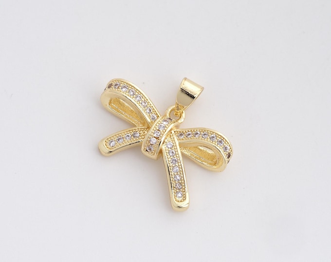 18K Gold Filled Bow Charm, Gold Bow Necklace, Bow Pendant,Dainty Knot Charm, DIY Jewelry Supplies, 17.6x22.3x5mm