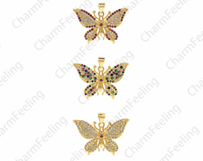 Micropavé CZ Butterfly Necklace, Butterfly Pendant,Flying Charm,18K Gold Filled Insect Charm, DIY Jewelry Accessories,22x30x3.5mm