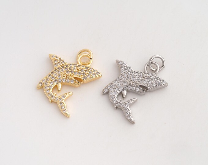 CZ Shark Pendant,Marine Life Pendant,18K Gold Filled Shark Charm,DIY Jewelry Accessories,23.2x16.8x3mm