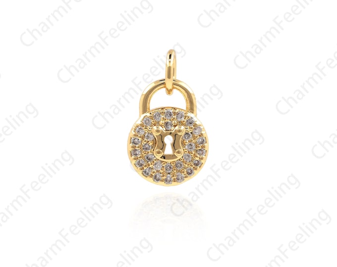 CZ Round Lock Pendant, Micro-Pave Lock Necklace, Lock Charm, Lock Charm, DIY Jewelry Making Supplies 15x9x2.2mm 1pcs