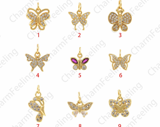 MicroPave  CZ Butterfly Necklace,18K Gold Filling Butterfly Pendant,Animal Charm,Butterfly Charm, DIY Jewelry Making Accessories 12x13.5x2mm
