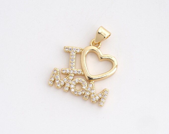 18K Gold Filled Heart Pendant,Mom Pendant,Heart Charms,Micropavé CZ Letter Charm, DIY Jewelry Accessories 24.2x18.8x2.2mm