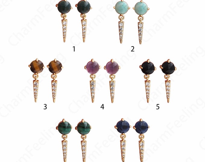 Round Earrings, 18K Gold Filled Natural Stone Earrings, Micro Pave CZ Tassel Earrings, Onyx Earrings, Gift For Her, 20.5x7.5x4.5mm