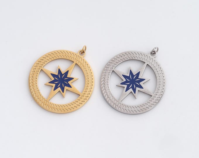 Stainless Steel Polaris Pendant,Celestial Charms,Enamel Starburst Charm, DIY Jewelry Supplies, 33x27.8x1.8mm
