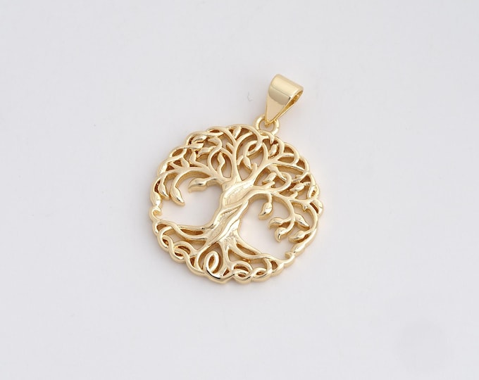 Micropavé CZ Plant Charm, Tree Of Life Necklace, 18K Gold Filled Round Pendant, Tree Of Life Charm, DIY Jewelry Accessories,26.3x20.2x1.8mm