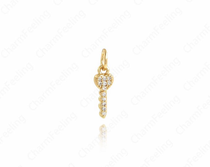 Heart-Shaped Key Pendant, 18K Gold Filled Key Necklace,Micropavé CZ Key Charm, Heart-Shaped Necklace 16x4.5x2mm
