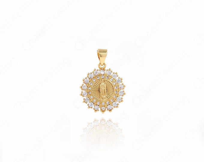 Round Madonna Charm,18K Gold Filled Religious Necklace,Micropavé CZ Fashion Pendant,DIY Jewelry Supplies,23.8x17x2.6mm