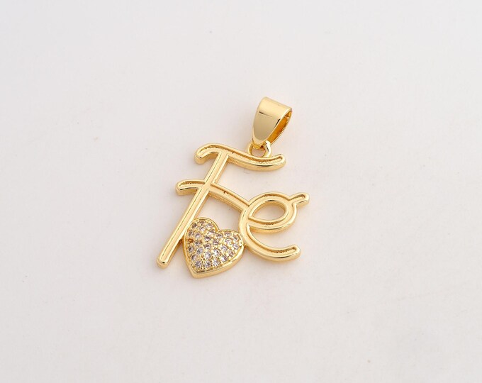 CZ Fe Pendant,Heart Pendant,18K Gold Filled Letter Charm,DIY Jewelry Accessories,28.2x19.3x3mm