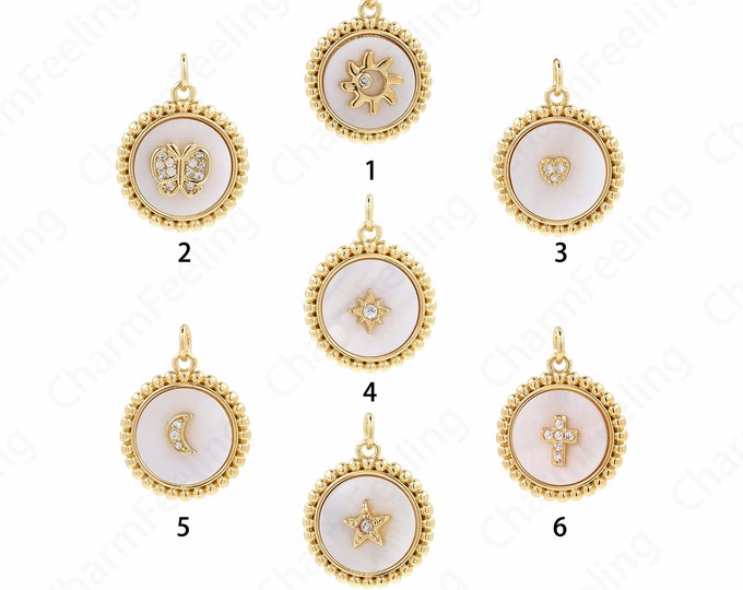 Micropavé CZ Heart Pendant,18K Gold Filled Round Coin Pendant, Sun Necklace, Shell Charm, DIY Jewelry Accessories 23.5x17.5x4mm