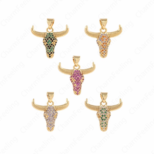 Wild Animal Charm, 18K Gold Filled Cow Charm, Bull Head Pendant, Micropavé CZ Animal Necklace, DIY Jewelry Supplies, 21.5x21.5x5mm
