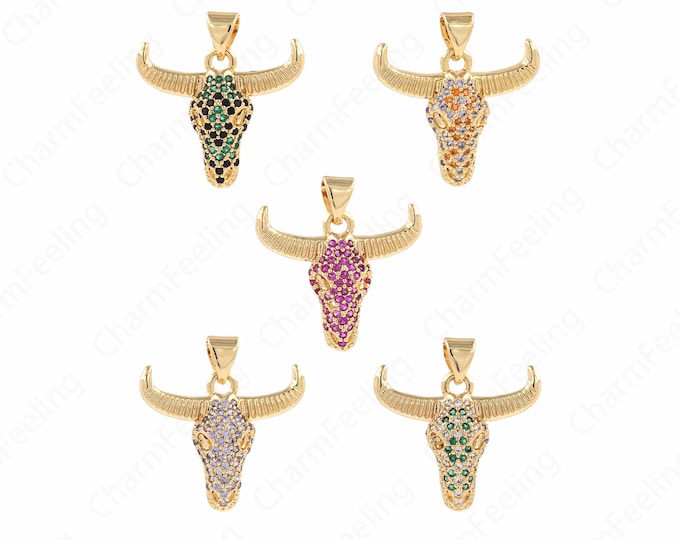 Wild Animal Charm, 18K Gold Filled Cow Charm, Bull Head Pendant, Micropavé CZ Animal Necklace, DIY Jewelry Supplies, 21.5x21.5x5mm