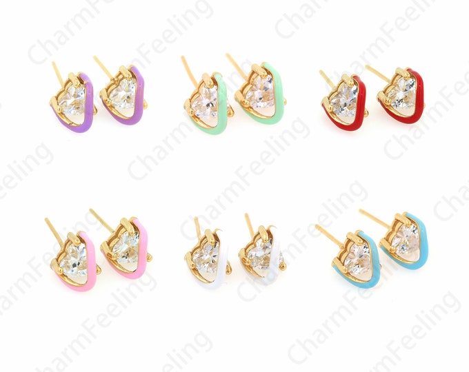 18K Gold Filled Enamel Charm, Heart Stud Earrings, Micropavé CZ Love Earrings, Pierced Earrings, DIY Jewelry Accessories,7x9x21mm