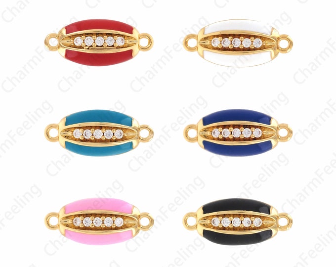Enamel Connectors, Micropavé CZ Rugby Connectors, 18K Gold Filled Oval Connectors, DIY Jewelry Supplies, 6.5x15.5x3.5mm