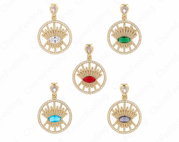 Micropavé CZ Demon Eye Charm, 18K Gold Filled Eye Pendant, Round Charm, Eye Charm, DIY Jewelry Accessories, 44x30x6mm
