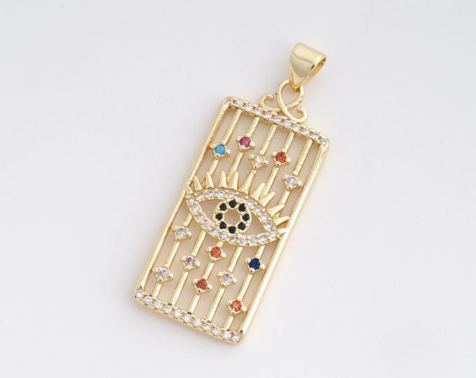 Square Eye Pendant, 18K Gold Filled Lucky Eye Charm, Micropavé CZ Eye Charm, DIY Jewelry Supplies, 39.6x15x2.3mm