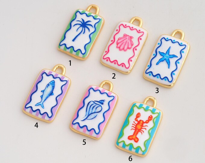 Fish Lobster Starfish Pendant,Enamel Marine Life Pendant,18K Gold Filled Shell Coconut Tree Charm,DIY Jewelry Accessories,23x13x2.8mm