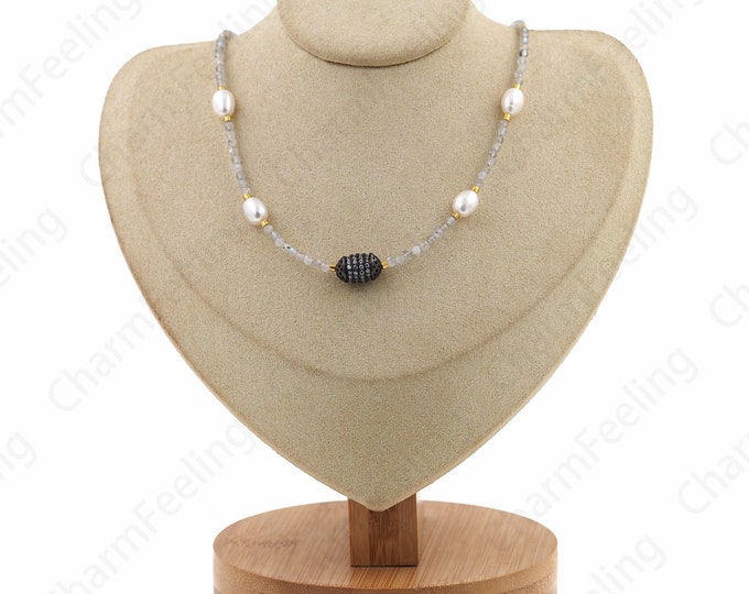 Dainty Pearl Necklace, Micropavé CZ Freshwater Pearl Necklace, 18K Gold Filled Spacer Bead Necklace, Gift For Her, Everyday Necklace, 40cm