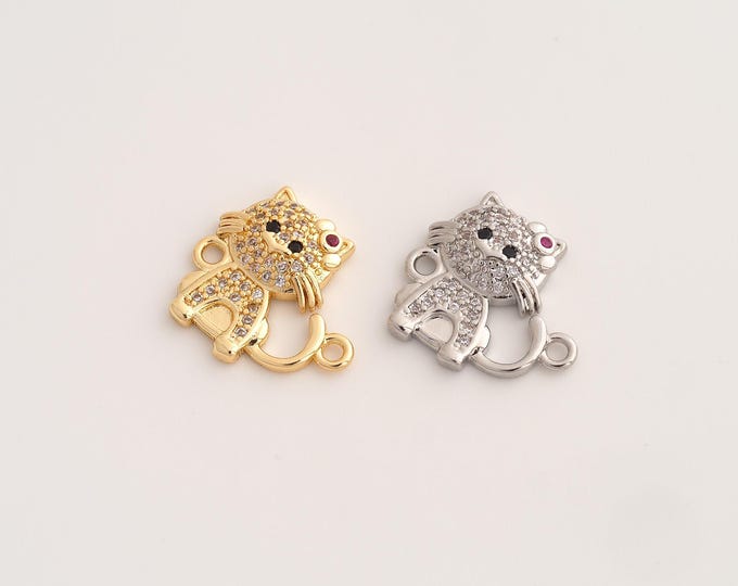 CZ Cat Connector,Animal Connector,18K Gold filled Cat Connector,DIY Bracelet Accessories, 15.2x17.5x3.4mm
