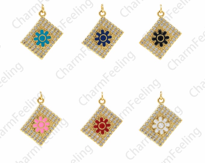 Enamel Plant Charm, Flower Pendant, Micropavé CZ Petal Charm,18K Gold Filled Plant Pendant,DIY Jewelry Accessories,25.5x17x3mm
