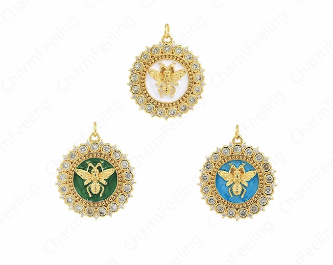 Shell Bee charm,18K Gold Filled Coin Necklace,Micropavé Cubic Zirconia Bee Pendant,Bee King Necklace,DIY Jewelry Component 32.5x26.6x3.5mm