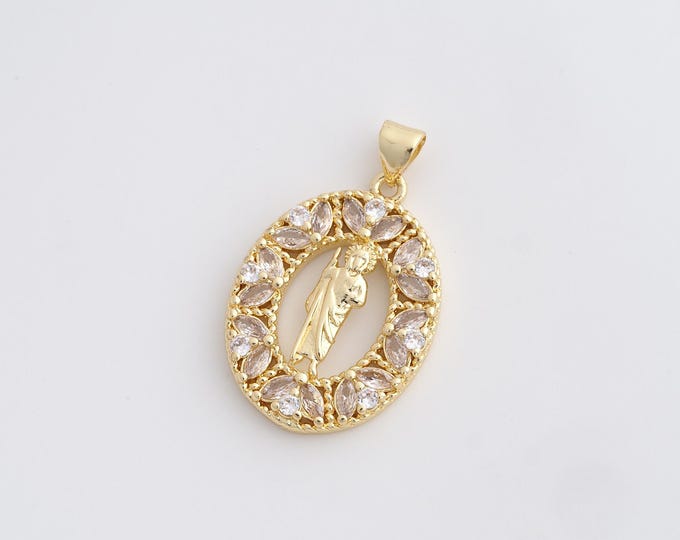 18K Gold Filled St.Jude Medallion Pendant,Micropavé CZ Gold Saint Jude Thaddeus Necklace,DIY Jewelry Supplies,32.4x19.8x3.4mm