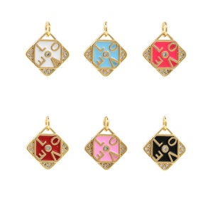 Pingente retangular, pingente de carta, colar LOVE, pingente de esmalte CZ micropavé, pingente de boa sorte preenchido com ouro 18K, suprimentos de joias DIY, 18x15x2mm