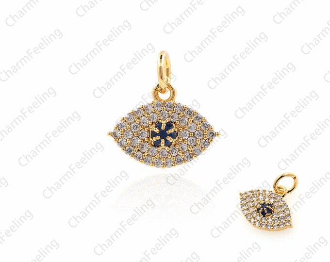 Golden Blue Eye Charm,Micro Pave Eye， Eye Charms，for DIY Jewelry Design 13.5x13x2.7mm 1pcs