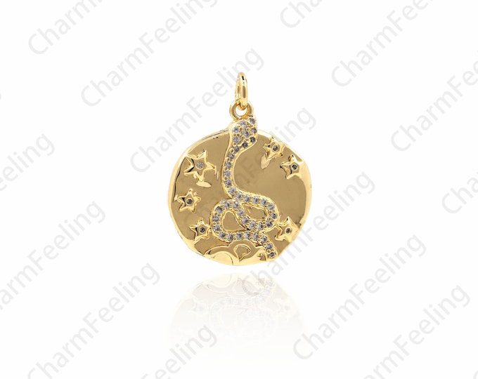CZ Round Snake Pendant, Gold Snake Medal, Snake Necklace, Snake Charm, Snake Jewelry 26.2×23×2.4mm   1pcs