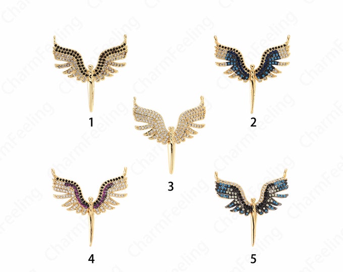 Micropavé CZ Flying Necklace, Wings Pendant, 18K Gold Filled Flying Charm, Wings Necklace, DIY Jewelry Supplies, 31x32x3mm