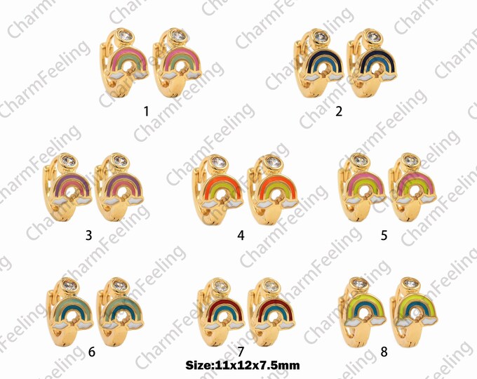 1 Pair, Rainbow Earrings, 18K Gold Filled Round Earrings, Colorful Earrings, Micropavé CZ Enamel Earrings, Enamel Charm, 11x12x7.5mm