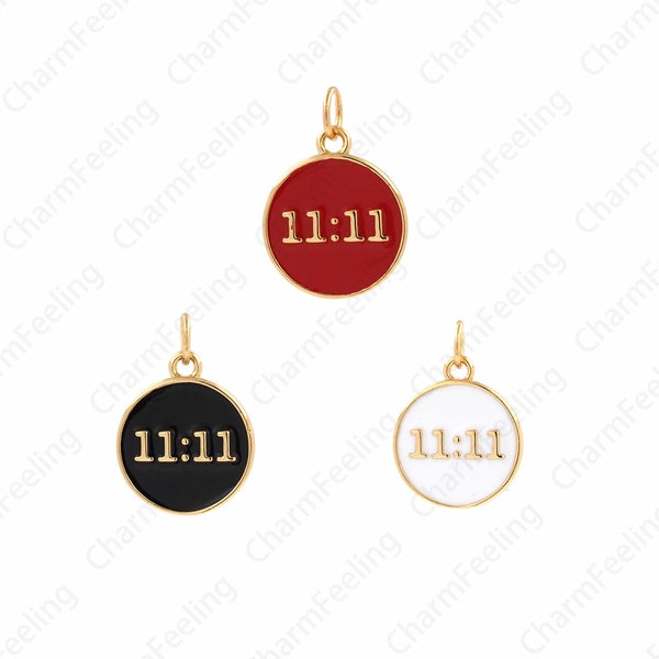 Angel Number Pendant, Round Enamel Charm, 18K Gold Filled 11:11 Pendant, Number Necklace, DIY Jewelry Supplies, 13.5x19x2mm