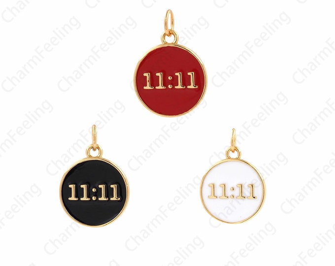 Angel Number Pendant, Round Enamel Charm, 18K Gold Filled 11:11 Pendant, Number Necklace, DIY Jewelry Supplies, 13.5x19x2mm