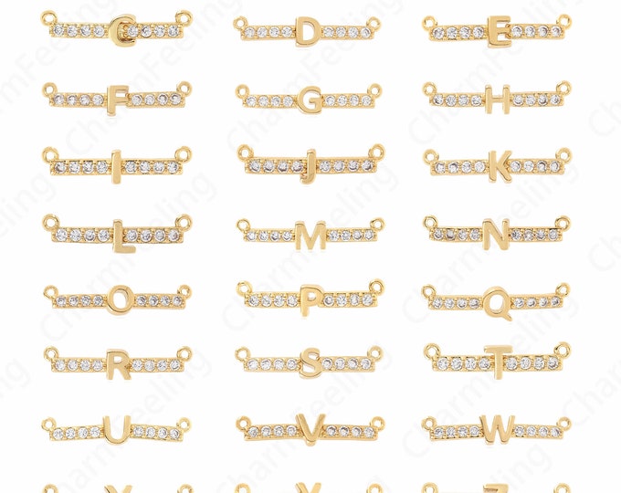 Micropavé CZ Alphabet Connector, 18K Gold Filled 26 Letter Connectors, Initial Connectors, DIY Jewelry Supplies, 26x5.4x2.5mm