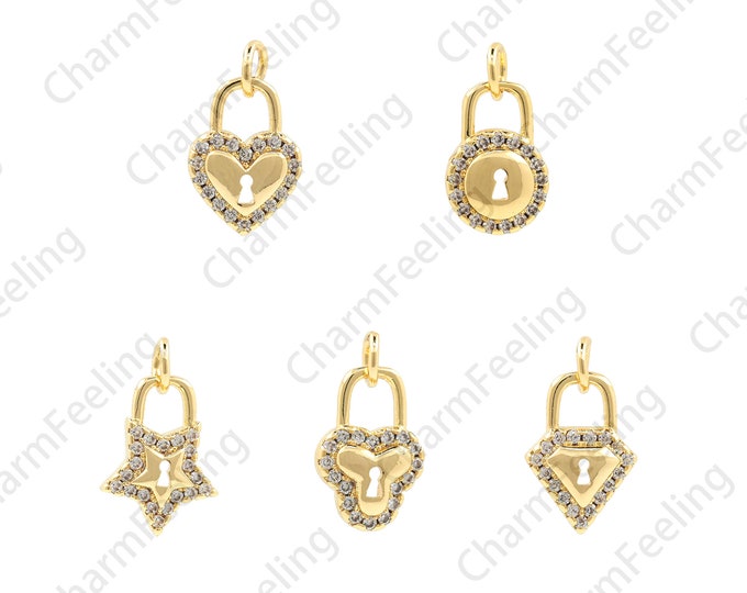 18K Gold Filled Lock Pendant, Lock Charm, Heart Lock Pendant, Star Lock Pendant, Micropavé CZ Lucky Lock Pendant, 14x8x2.5mm