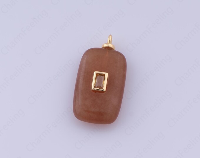 Strawberry Quartz Natural Stone Charm,18K Gold Filled Rectangular Necklace,Micropaved CZ Bar Pendant, DIY Jewelry Accessories 30x14.7x6.7mm