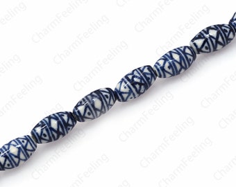 Rice Ceramic Longevity Beads,Band-Painted Ceramic Beads,Chinese Style Retro Beads,Blue And White Porcelain Beads Ball Beads,16.5x9x8mm