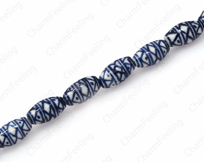 Rice Ceramic Longevity Beads,Band-Painted Ceramic Beads,Chinese Style Retro Beads,Blue And White Porcelain Beads Ball Beads,16.5x9x8mm