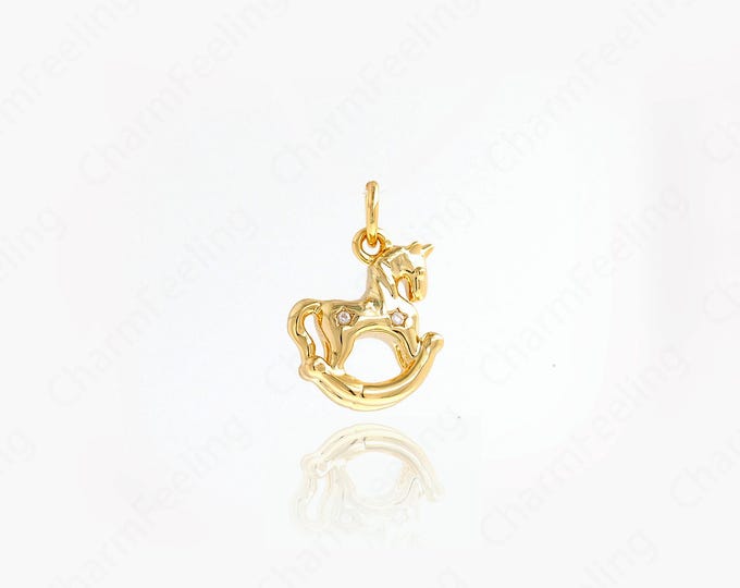 Gold Horse Necklace,18K Gold Filled Wooden Horse Charm,Toy Pendant, DIY Jewelry Supplies, 16.5x12.6x4.5mm