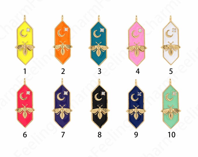 Bar Pendant, Enamel Charm, 18K Gold Filled Bee Necklace, Insect Charm, Micropavé CZ Crescent Necklace, Star Charm, DIY Jewelry Supplies