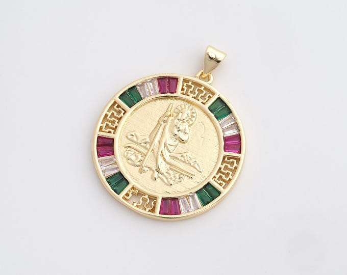 18K Gold Filled St.Jude Medallion Pendant,Micropavé CZ Gold Saint Jude Thaddeus Necklace,DIY Jewelry Supplies,37.7x30.2x2mm