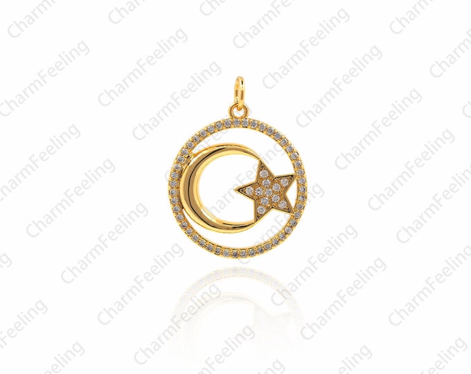 cz Moon Star Charm，gold moon star charm，Micro Pave star circle charm，moon pave cz charm，26×20×2.2mm  1pcs