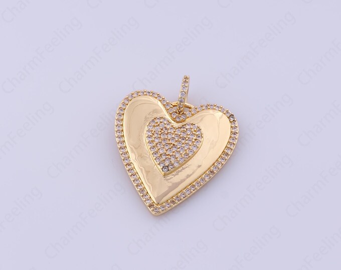 Micropavé CZ Heart Charm, 18K Gold Filled Heart Pendant, Heart Necklace, Love Necklace, DIY Jewelry Accessories 29x23x4mm