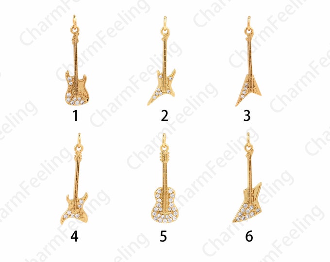 Micropavé CZ Guitar Pendant,Guitar Charm,Instrument Charm,Instrument Charm,18K Gold Filled Guitar Necklace,DIY Jewelry Supplies，30x10x1.8mm