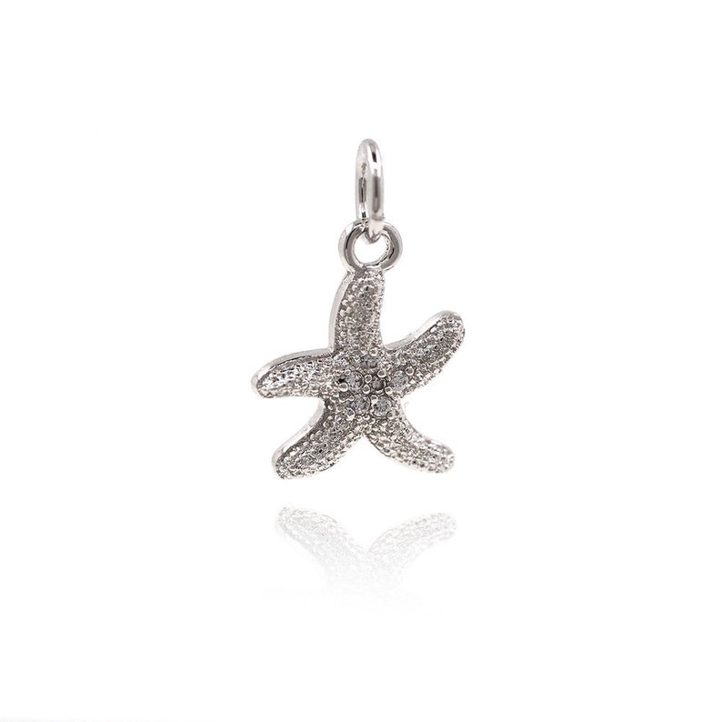 May include: A silver starfish charm with clear crystals. The charm has a loop at the top for attaching to a necklace or bracelet.